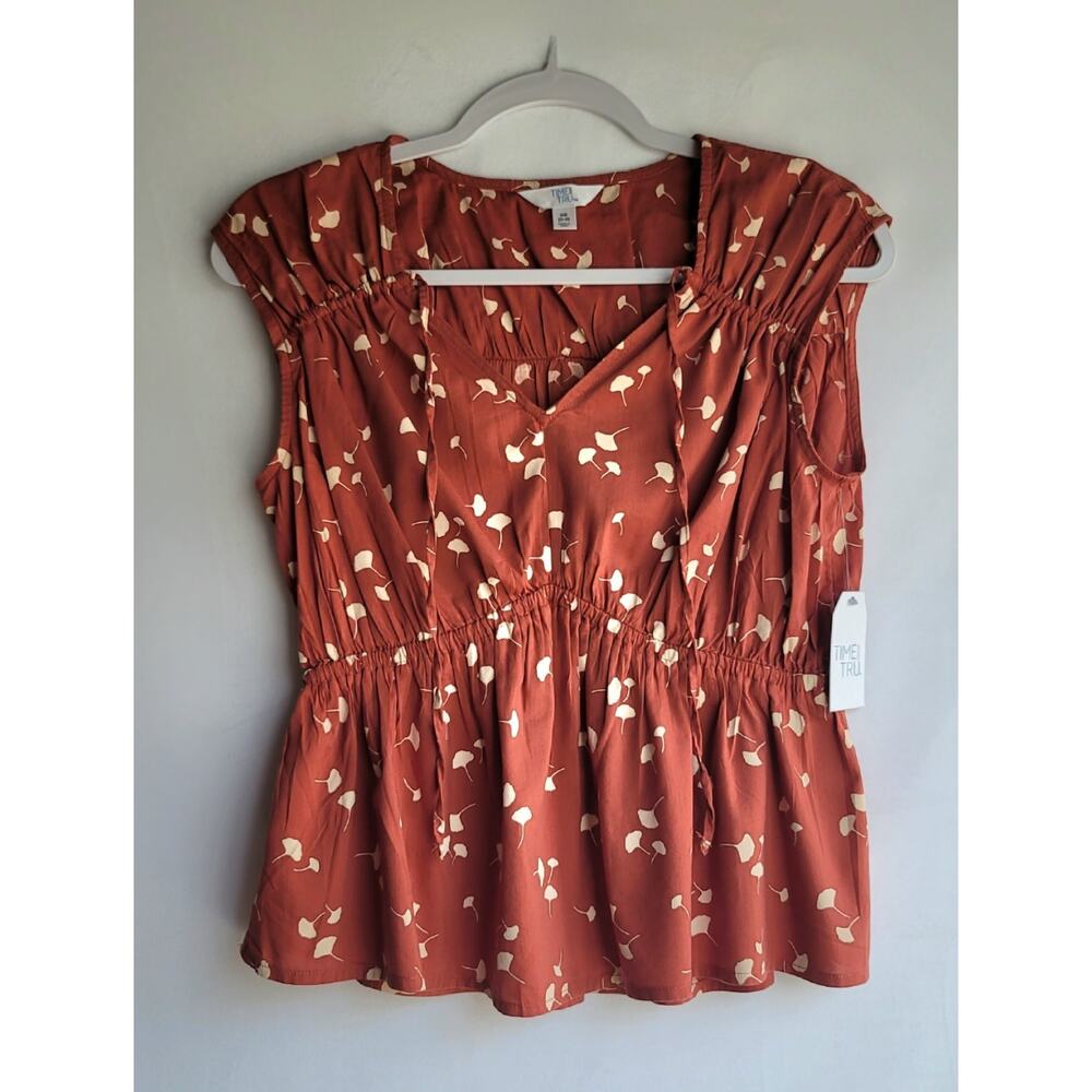 NWT Time and Tru Spade Neck Blouse Women's XS Rusty Bronze Ginkgo Leaf Pattern - Picture 6 of 13